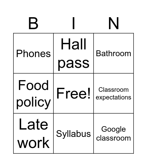 First Day of School Bingo Card