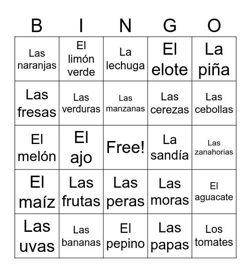 Spanish Bingo Card