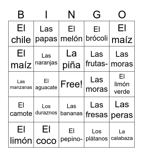 Spanish Bingo Card