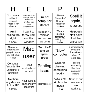 Helpdesk Bingo Card