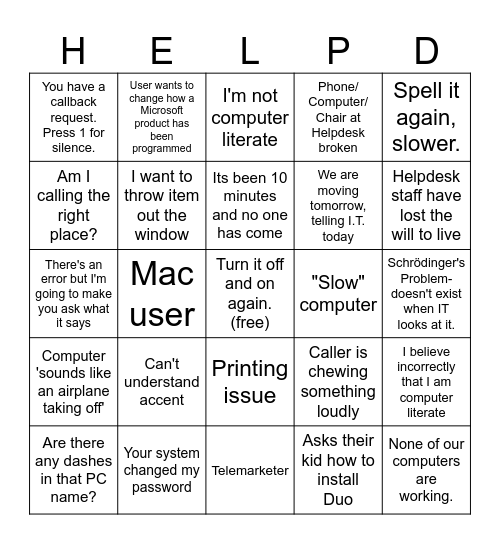 Helpdesk Bingo Card