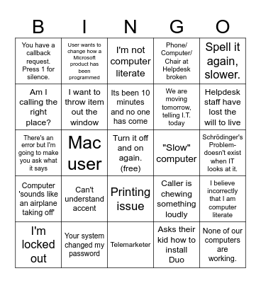 Helpdesk Bingo Card