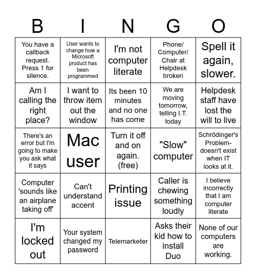 Helpdesk Bingo Card