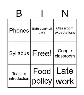 First Day of School Bingo Card