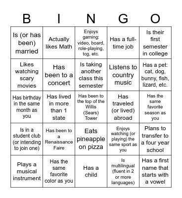 Statistics - Fall 2024 - Icebreaker Bingo Card