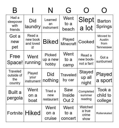 Freshman Skills Bingo Card