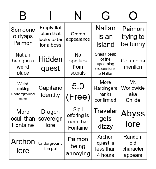 Genshin 5.0 Natlan Bingo Card