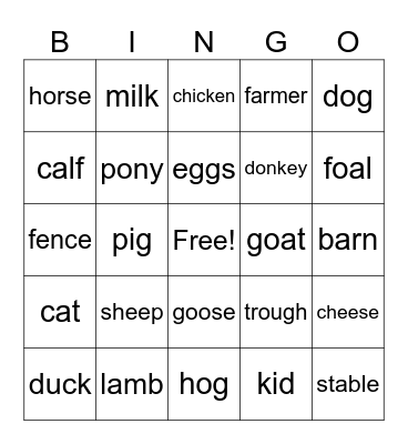 Farm Vocabulary Bingo Card