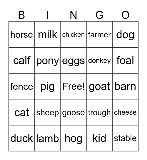 Farm Vocabulary Bingo Card