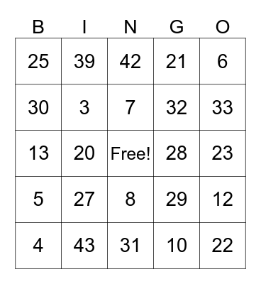 numeros 1-50 Bingo Card
