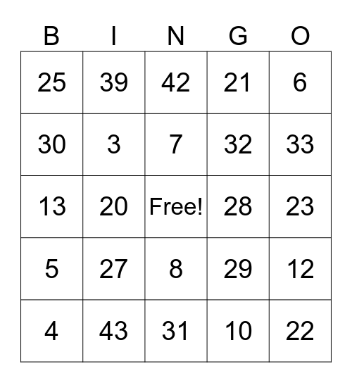 numeros 1-50 Bingo Card