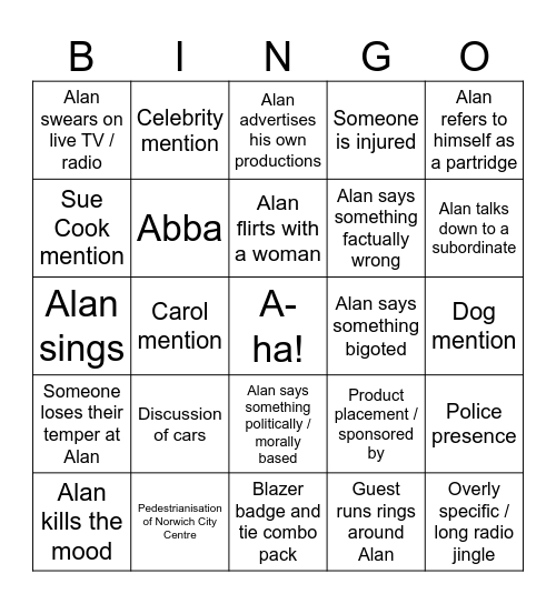 Alan Partridge Bingo Card