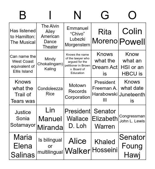 We must each teach. We must each learn. Your goal is to learn, not to just fill in the blanks. Think "each one teach one." Bingo Card