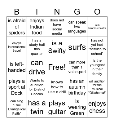 Dock Concert Choir Bingo Card