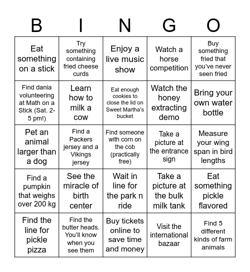 Minnesota state fair bingo Card