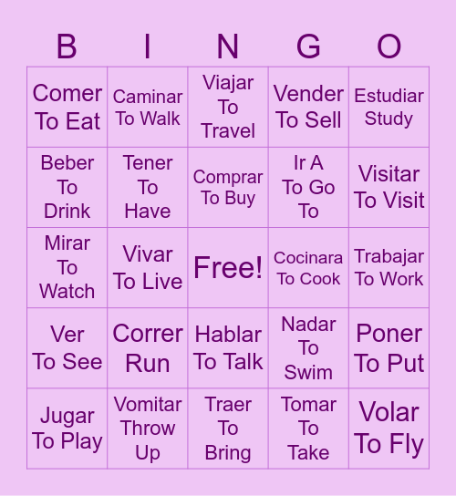 Verbs Bingo Card