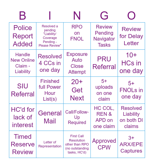 QCR Bingo Card