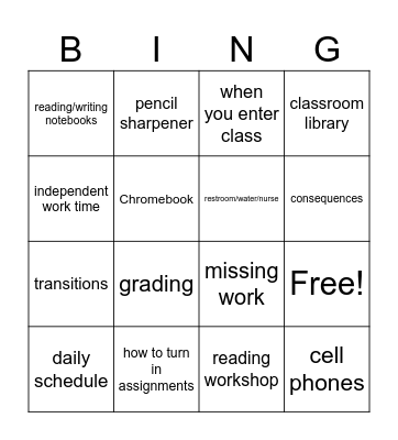 Classroom Procedures & Expectations Bingo Card
