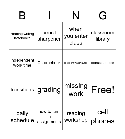 Classroom Procedures & Expectations Bingo Card