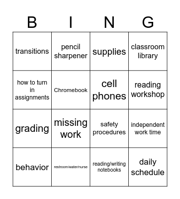 Classroom Procedures & Expectations Bingo Card