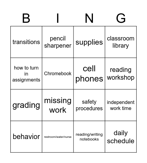 Classroom Procedures & Expectations Bingo Card