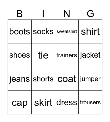 Clothes Bingo Card