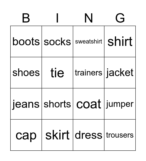 Clothes Bingo Card