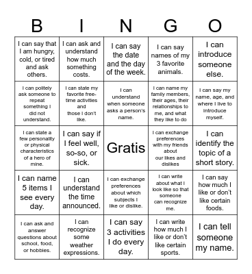 7th Grade Spanish Bingo Card