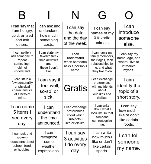 7th Grade Spanish Bingo Card