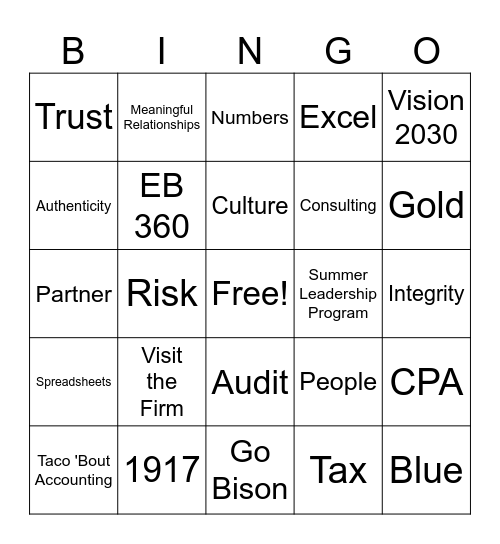 NDSU Accounting Club Bingo Card