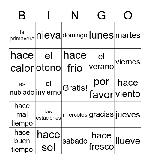 Tiempo y Estaciones Bingo Card