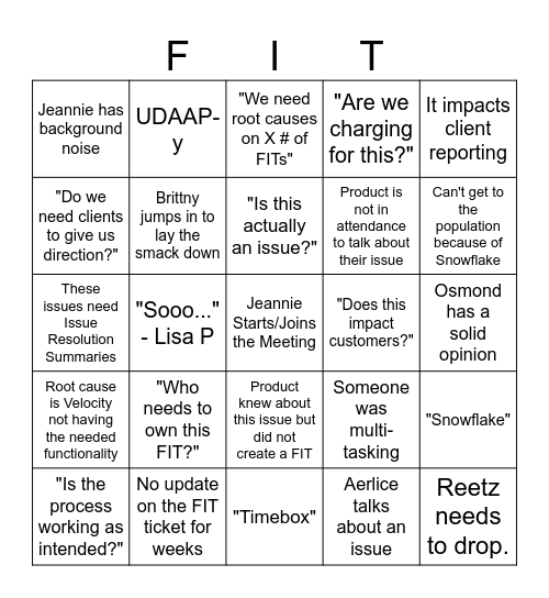 FIT Bingo Card