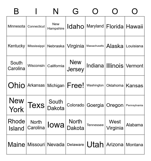 States Bingo Card