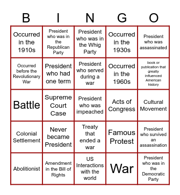 US History Bingo Card