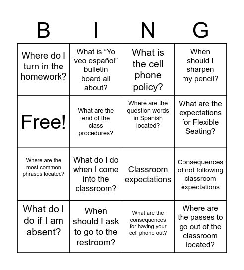 Procedures Bingo Card