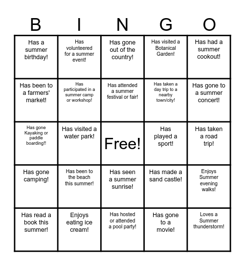 Summer Bingo Card