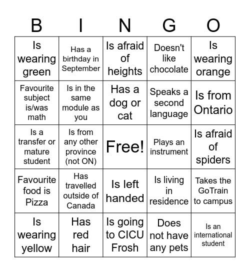 Creative Industries Orientation Bingo Card