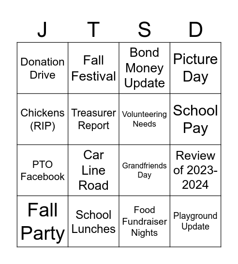 PTO Meeting Bingo Card