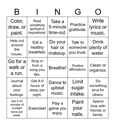 Mental Health Bingo Card