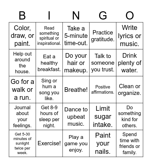 Mental Health Bingo Card