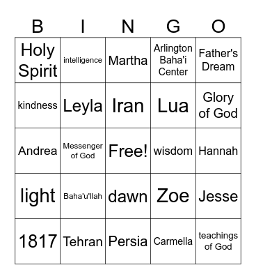 Baha'u'llah's Early Life Bingo Card