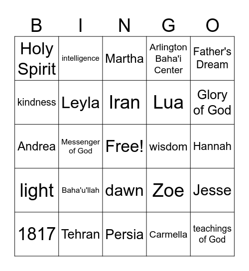 Baha'u'llah's Early Life Bingo Card