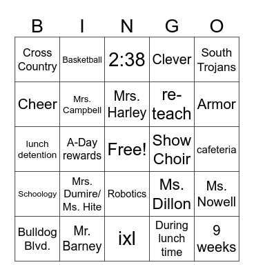 South Middle School Bingo Card