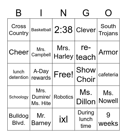 South Middle School Bingo Card