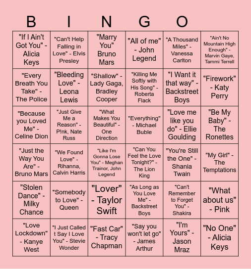 Ancsi Bachelorette Party Love Song Bingo Card