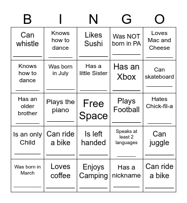 CW Choir Bingo Card