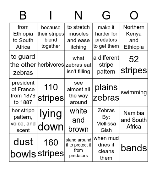 Zebras By: Mellissa Gish Bingo Card