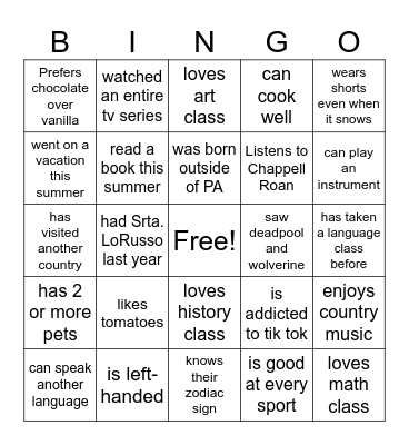 Bingo de personas Bingo Card