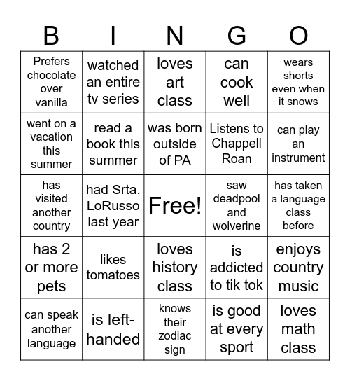 Bingo de personas Bingo Card