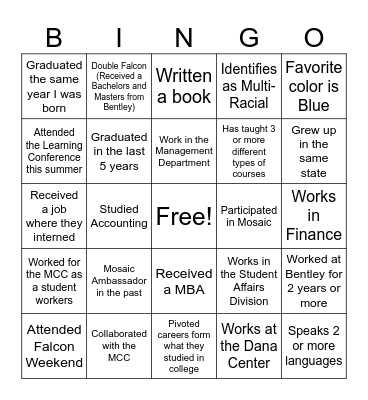 Faculty/Staff/Alumni Social Reception Bingo Card